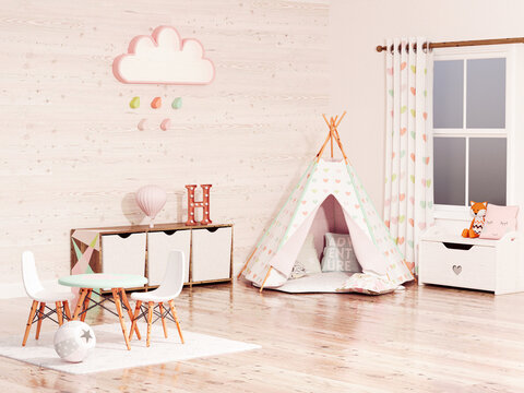 Kids or children room in Scandinavian style with tent, window, chair, toy, cloud and heart details