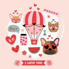 valentine card with funny dogs and love elements