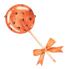 Caramel lollipop on a stick. Watercolor illustration. Isolated on a white background. For design.