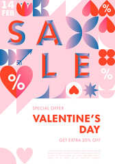 Valentines Day sale banner template.Special offer layout in bauhaus style with geometric elements and symbols.Modern trendy design for flyers,ads,vouchers,promo offers.Vector Valentines marketing.