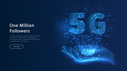 5g on hand 5G new wireless internet wifi connection. Global network high speed connection technology. Concept in Low poly style.
