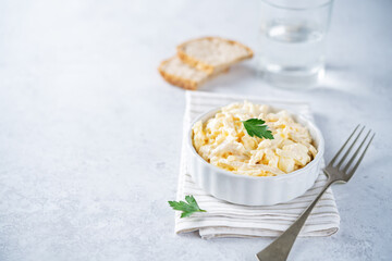 Squid egg mayonnaise salad in a bowl