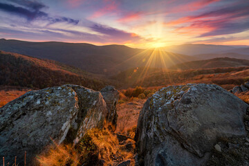 Beautiful autumn sunset in Bieszczadzy mountains - Poland