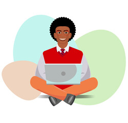 African american young adult in glasses in yoga pose with laptop smiling, relaxation at work or sturdy concept. High quality photo