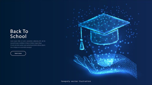 Futuristic education concept with glowing low polygonal human hand holding graduation cap
