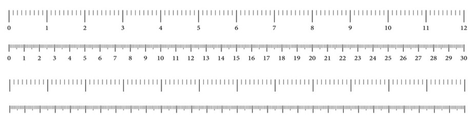 Size indicators measuring tool, ruler scale, precision measurement of ruler scale, centimeters and inches. Set of ruler 30 cm 12 inch on white background.