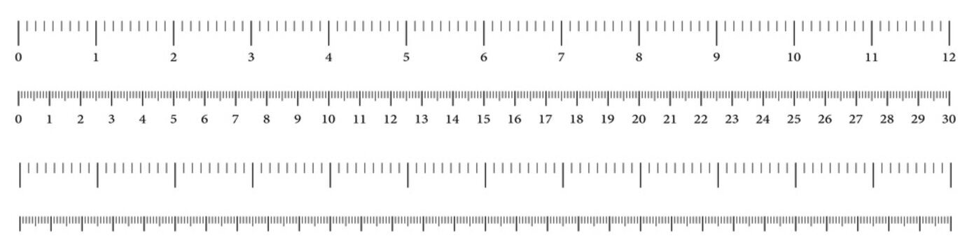 Size indicators measuring tool, ruler scale, precision measurement of ruler scale, centimeters and inches. Set of ruler 30 cm 12 inch on white background.
