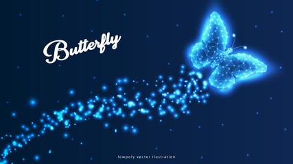 Butterfly composed of polygon. Low poly vector illustration of a starry sky or Comos. The digital flyer consists of lines, dots and shapes. Wireframe technology light connection structure.
