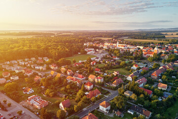 Aerial view of suburban neighborhood, Residential district with buildings and streets at small...