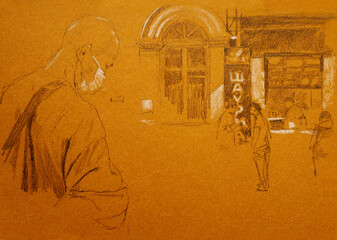 People on the street in front of a fast food window . Drawing with black and white pencil. 