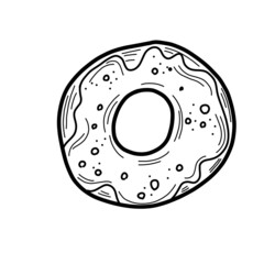 Donut in doodle style. Donut black and white line icon.