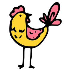 yellow rooster icon. cartoon-style chicken, funny bird, side view with pink crest and tail and wing. black outline and long legs on white for Easter holiday