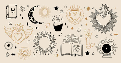 Modern hand drawn vector illustrations with magic symbols, crescent moon, sun, magic ball and books. Perfect for cards, embroidery, covers, prints - 481017702