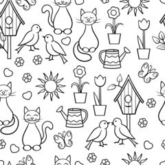 Seamless pattern with spring time, coloring page