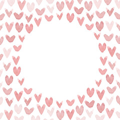 Watercolor frame with hearts isolated on white background.