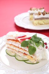 Salty cake of roasted peppers, cheese and ham