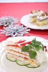 Salty cake of roasted peppers, cheese and ham