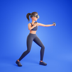 Cartoon character young woman in black sportswear play vr fitness game or training in virtual space over blue background. Metaverse concept.