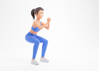 Beautiful brunette cartoon character woman in blue sportswear doing squats isolated over white background.