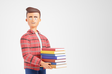 Side view confident cartoon character student red plaid shirt with books isolated over white background with copy space.