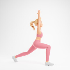 Beautiful blonde cartoon character woman in pink sportswear doing fitness stretch exercise isolated over white background.