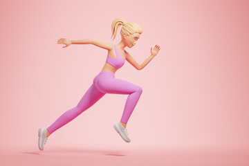 Fototapeta na wymiar Beautiful blonde cartoon character sporty young woman in pink sportswear running over pink background.