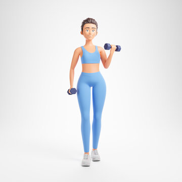 Beautiful cartoon character woman blue sportswear woman doing exercises with dumbbells isolated over white background.