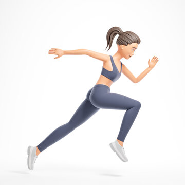 Attractive strong cartoon character woman in black sportswear running isolated over white background.