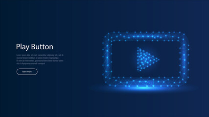 Abstract line and point blue play video icon on dark blue night sky with stars. Polygonal low poly background with connecting dots and lines. Vector illustration connection structure.
