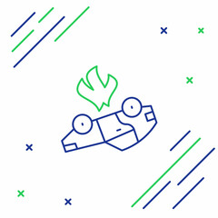 Line Burning car icon isolated on white background. Car on fire. Broken auto covered with fire and smoke. Colorful outline concept. Vector