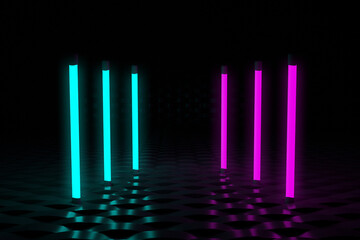Multicolor fluorescent lamps on a dark wall. Electric tube of neon color. Abstract background. Night party. Glowing decoration. Neon effect. Ultraviolet light. 3d render