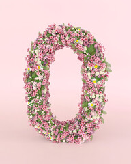 Creative number 0 zero concept made of fresh Spring wedding flowers. Flower font concept on pastel pink background.