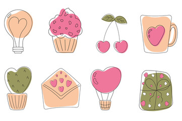 Continuous line drawing love collection. set of one line romantic elements food, organic shapes, plants, gifts. Simple trendy abstract drawing, modern love icons, hand drawn minimal illustrations.