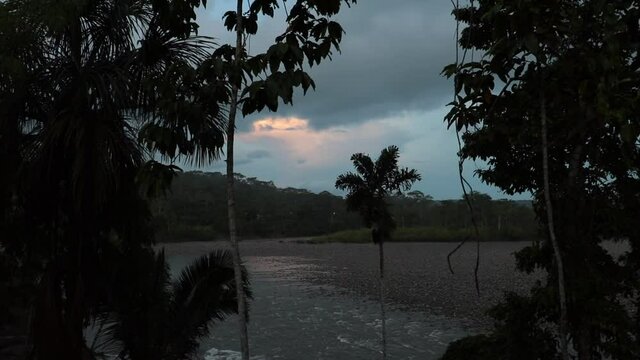 River flows by evening through the deep Amazon rainforest of South America