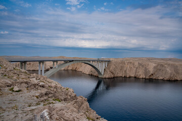Bridge to the Croatian island of Pag, blue summer sky