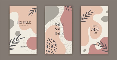 Set of sale stories social media pack template premium vector, organic design in pastel colors. Stylish social media posts, story and photos. Editable templates with space for text