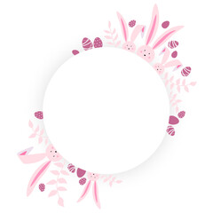 Fototapeta na wymiar Happy Easter greeting card with a round shape frame, rabbits, eggs and spring twigs in pink color on an isolated background. Vector illustration. Place for your text, mockup