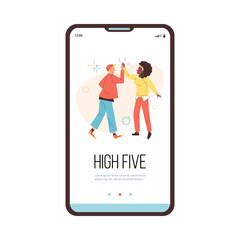 Male and female characters give high five - onboarding screen template, flat vector illustration.