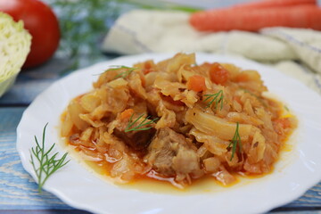 cabbage with vegetables and veal meat. Front view