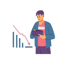 Man finding out his wallet empty, flat cartoon vector illustration isolated.