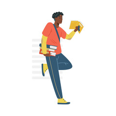 Student holding pile of books and reading, flat vector illustration isolated.