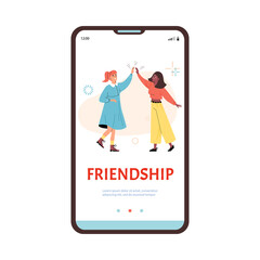 Two girl friends clapping hands as symbol of friendship - user interface for app, flat vector illustration.