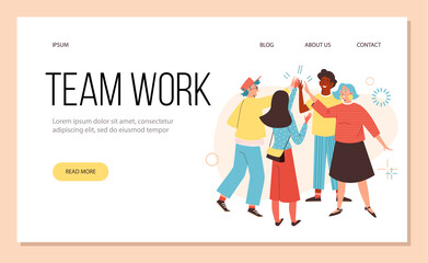 Team of cheerful colleagues high five each other - landing page template in flat style, vector illustration.