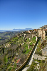 Panoramic view on the ruins of Montecalvo Irpino, an abandoned village in the mountains of the province of Avellino, Italy.