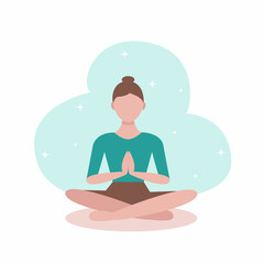 Young woman in lotus position with namaste hands. Vector illustration