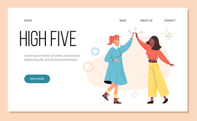 Women congratulate each other with high five, web banner template - flat vector illustration.