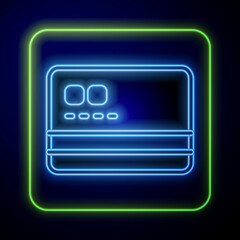 Glowing neon Credit card icon isolated on blue background. Online payment. Cash withdrawal. Financial operations. Shopping sign. Vector