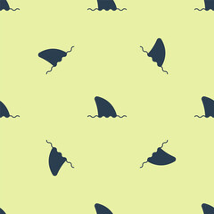 Blue Shark fin in ocean wave icon isolated seamless pattern on yellow background. Vector