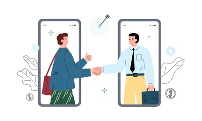 Business men make financial investments and shake hands, flat vector illustration on white background.