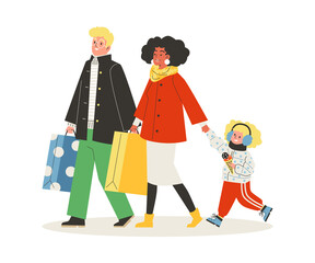 Happy family going with shopping bags, flat vector illustration isolated.